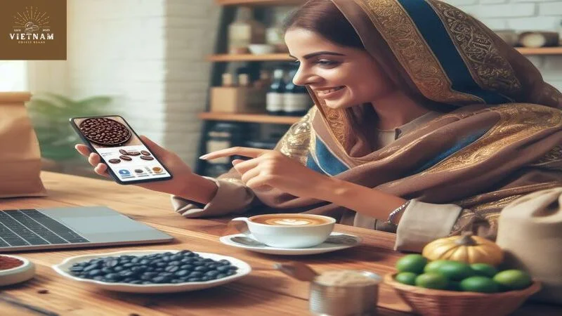 a real person Buying Arabica Coffee Beans Online through a phone  